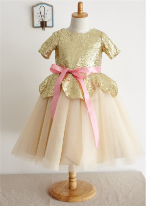 Short Sleeves Gold Sequin Peplum Champagne Tulle Flower Girl Dress
